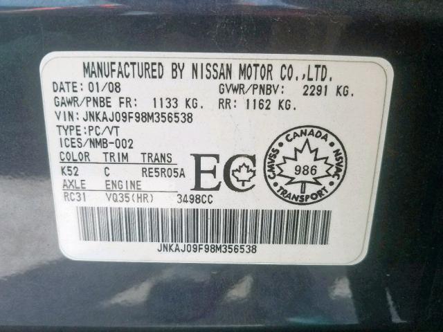 JNKAJ09F98M356538 - 2008 INFINITI EX35 BASE GRAY photo 10