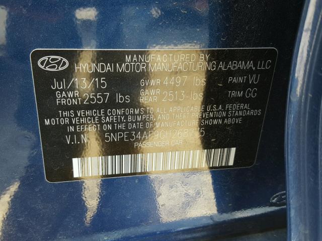 5NPE34AF9GH268775 - 2016 HYUNDAI SONATA SPO BLUE photo 10