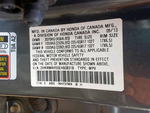 2HKRM4H55EH608318 - 2014 HONDA CR-V EX GRAY photo 10