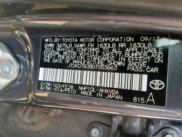 JTDKDTB38D1553663 - 2013 TOYOTA PRIUS C GRAY photo 10