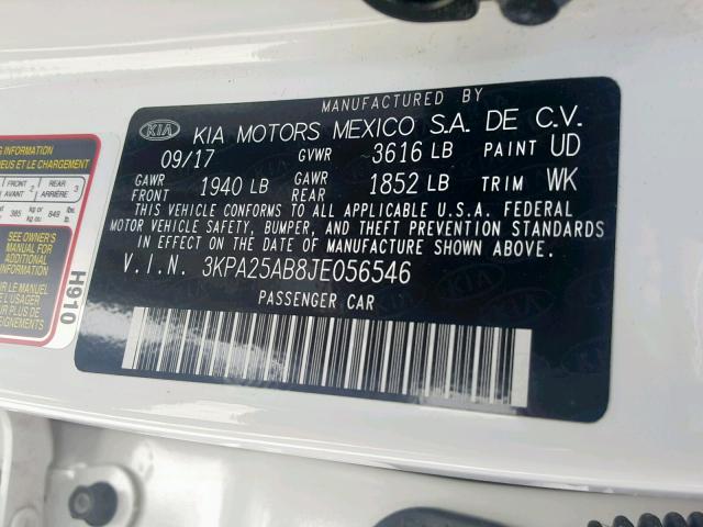 3KPA25AB8JE056546 - 2018 KIA RIO LX WHITE photo 10