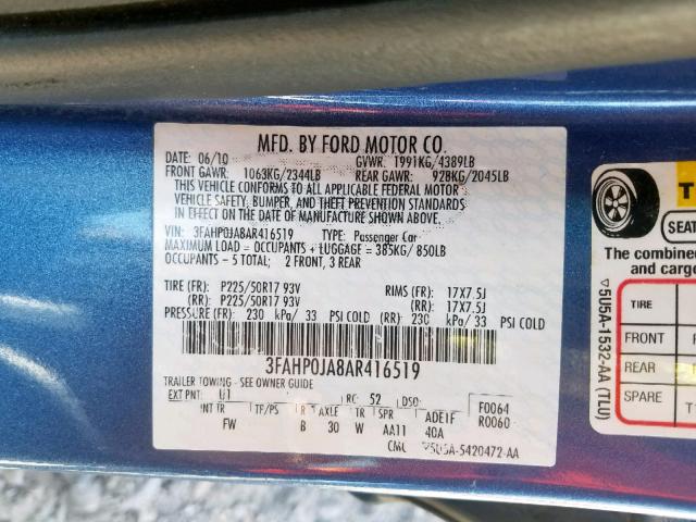 3FAHP0JA8AR416519 - 2010 FORD FUSION SEL BLUE photo 10