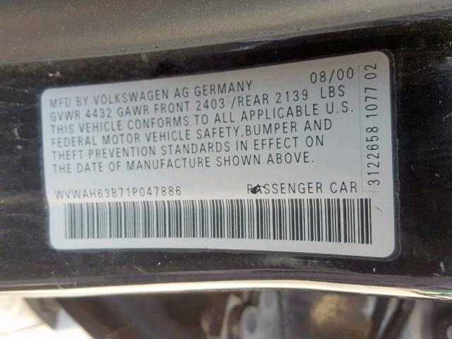 WVWAH63B71P047886 - 2001 VOLKSWAGEN PASSAT GLS BLACK photo 10