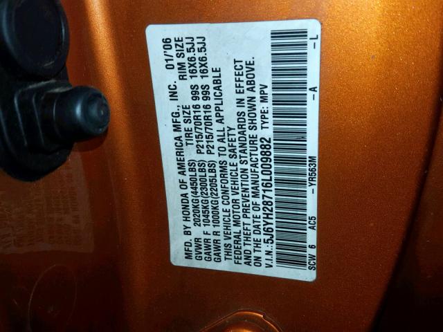 5J6YH28716L009882 - 2006 HONDA ELEMENT EX ORANGE photo 10