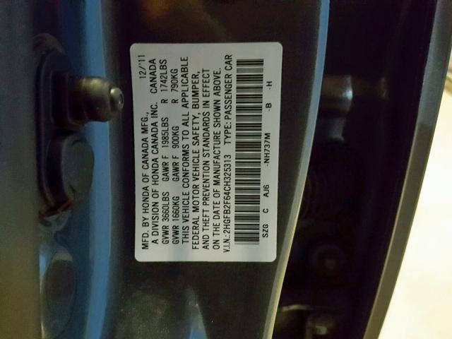 2HGFB2F64CH325313 - 2012 HONDA CIVIC HF GRAY photo 10