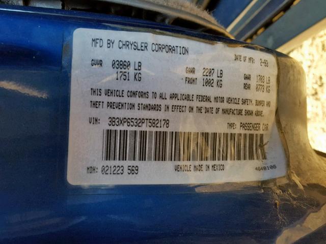 3B3XP6532PT582178 - 1993 DODGE SHADOW ES BLUE photo 10