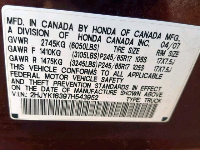 2HJYK16397H543952 - 2007 HONDA RIDGELINE RED photo 10