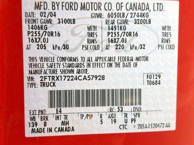 2FTRX17224CA57928 - 2004 FORD F-150 HERI RED photo 10