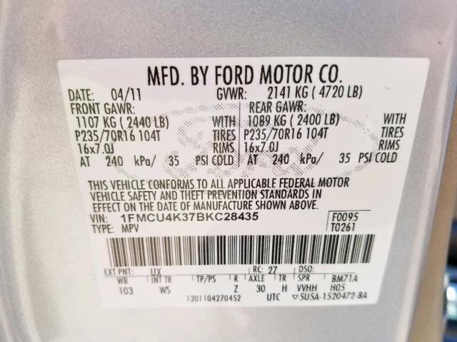 1FMCU4K37BKC28435 - 2011 FORD ESCAPE HYB SILVER photo 10