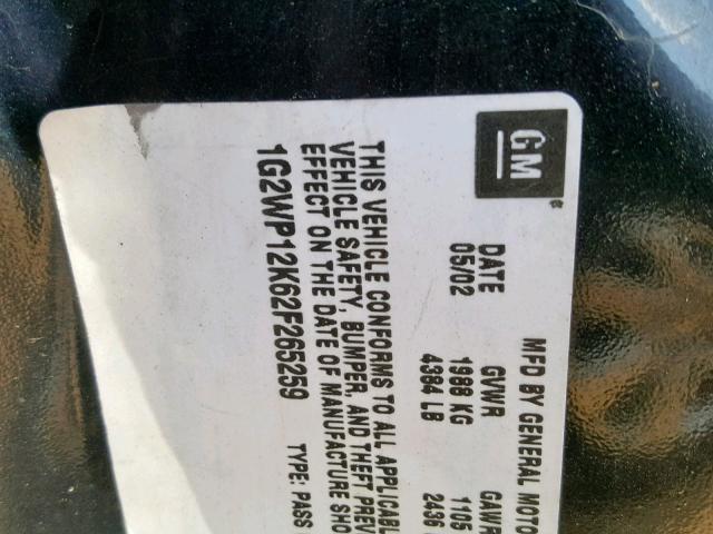 1G2WP12K62F265259 - 2002 PONTIAC GRAND PRIX BLUE photo 10