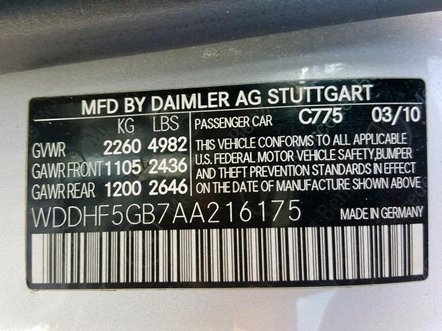 WDDHF5GB7AA216175 - 2010 MERCEDES-BENZ E 350 SILVER photo 10