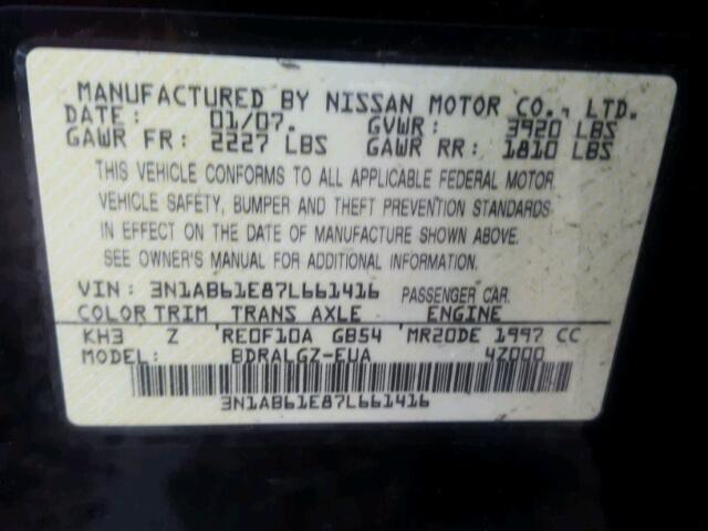 3N1AB61E87L661416 - 2007 NISSAN SENTRA 2.0 BLACK photo 10