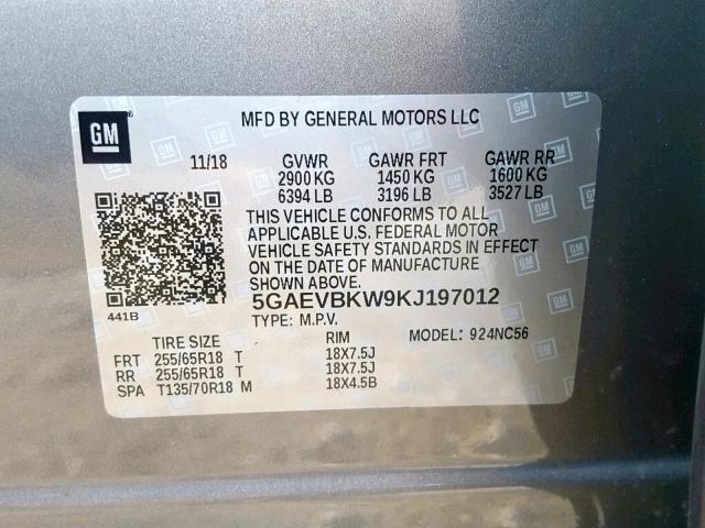 5GAEVBKW9KJ197012 - 2019 BUICK ENCLAVE PR GRAY photo 10