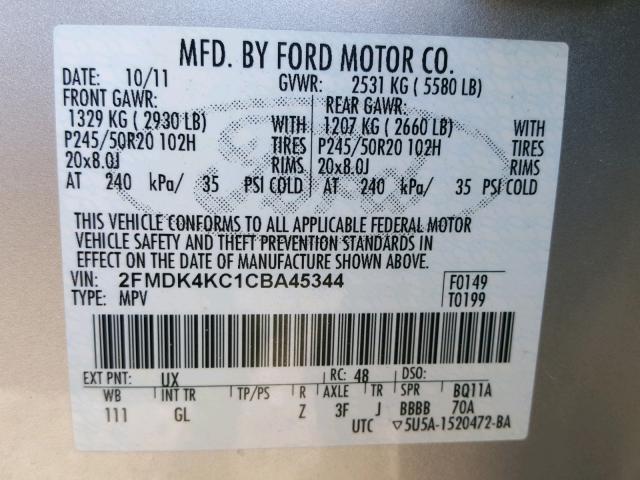 2FMDK4KC1CBA45344 - 2012 FORD EDGE LIMIT SILVER photo 10