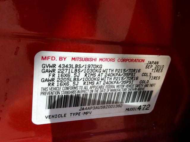 JA4AP3AU5BZ001382 - 2011 MITSUBISHI OUTLANDER RED photo 10