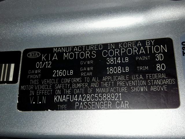 KNAFU4A28C5588921 - 2012 KIA FORTE EX SILVER photo 10