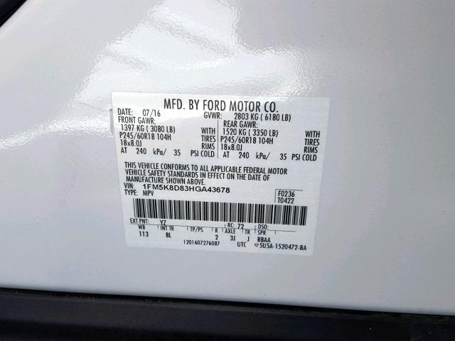 1FM5K8D83HGA43678 - 2017 FORD EXPLORER X WHITE photo 10