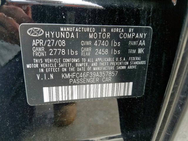 KMHFC46F39A357857 - 2009 HYUNDAI AZERA SE BLACK photo 10