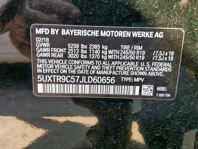 5UXTR9C57JLD60656 - 2018 BMW X3 XDRIVE3 BLACK photo 10