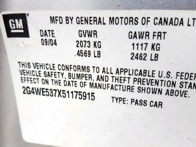 2G4WE537X51175915 - 2005 BUICK LACROSSE C SILVER photo 10