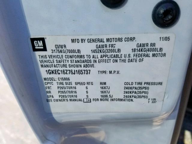 1GKEC16Z76J165737 - 2006 GMC YUKON XL C WHITE photo 10