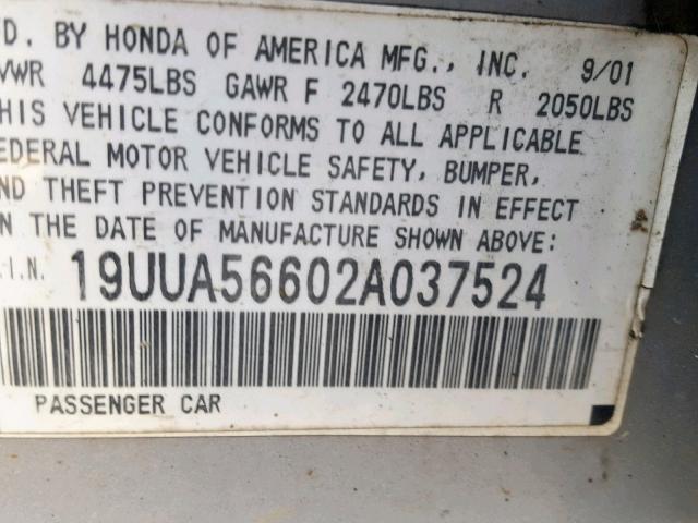 19UUA56602A037524 - 2002 ACURA 3.2TL SILVER photo 10