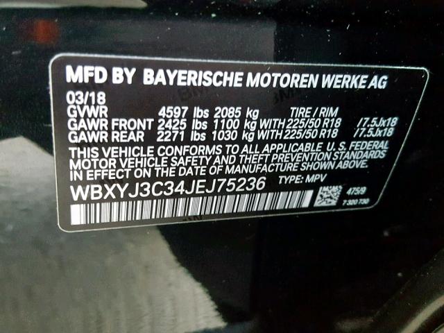 WBXYJ3C34JEJ75236 - 2018 BMW X2 SDRIVE2 BLACK photo 10
