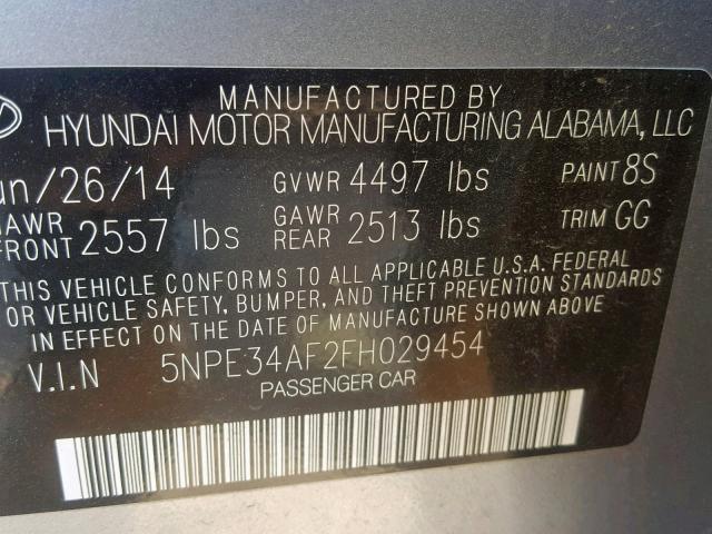 5NPE34AF2FH029454 - 2015 HYUNDAI SONATA SPO GRAY photo 10