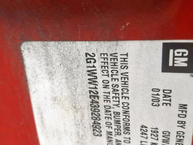 2G1WW12E439284923 - 2003 CHEVROLET MONTE CARL წითელი ფოტო 10