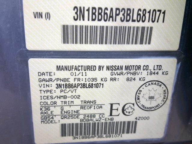 3N1BB6AP3BL681071 - 2011 NISSAN SENTRA SE- GRAY photo 10