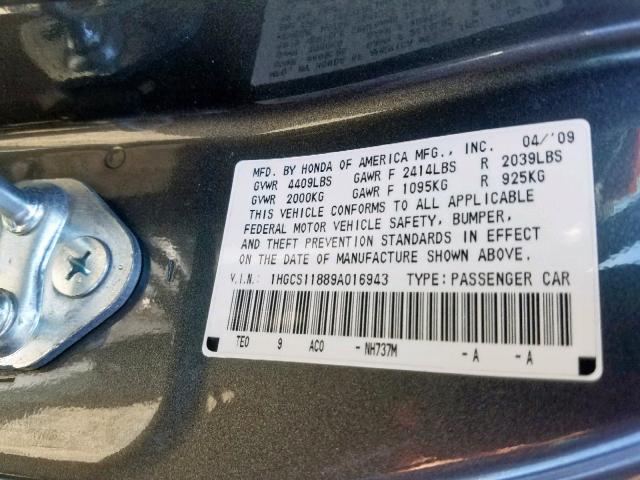 1HGCS11889A016943 - 2009 HONDA ACCORD EXL GRAY photo 10