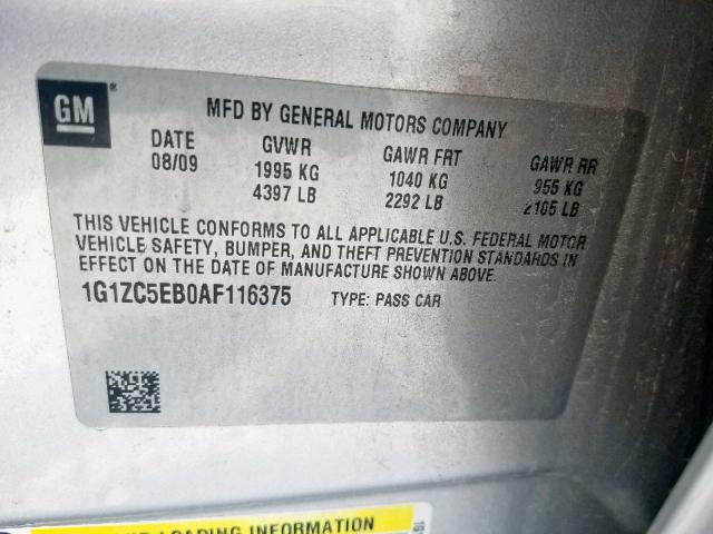 1G1ZC5EB0AF116375 - 2010 CHEVROLET MALIBU 1LT 银色 照片 10