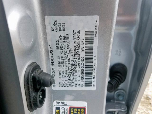 5J6RM3H98GL004820 - 2016 HONDA CR-V TOURI SILVER photo 10