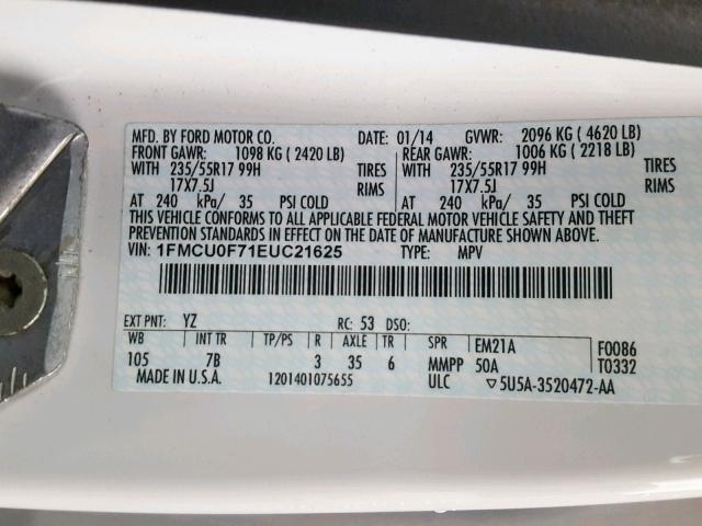 1FMCU0F71EUC21625 - 2014 FORD ESCAPE S WHITE photo 10