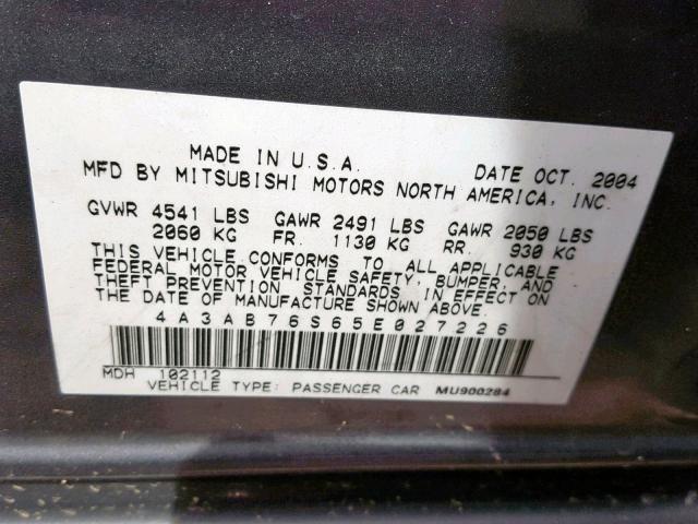 4A3AB76S65E027226 - 2005 MITSUBISHI GALANT GTS GRAY photo 10