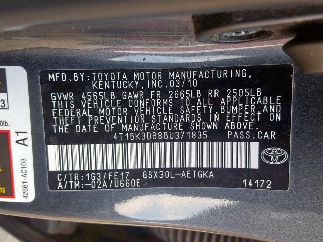 4T1BK3DB8BU371835 - 2011 TOYOTA AVALON BAS GRAY photo 10