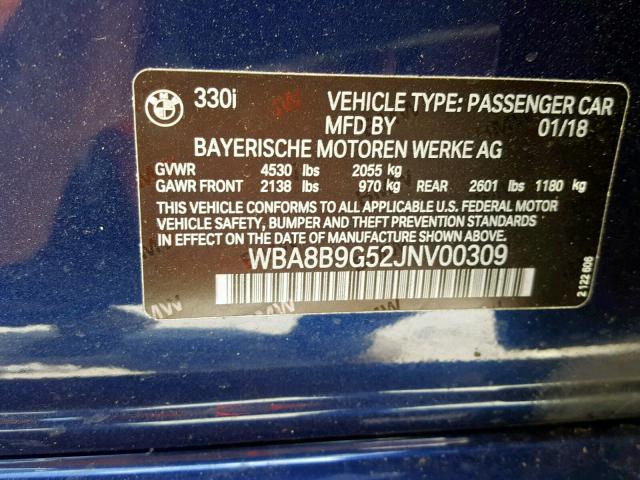 WBA8B9G52JNV00309 - 2018 BMW 330 I BLUE photo 10