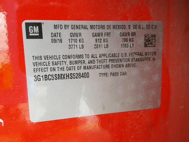 3G1BC5SMXHS528400 - 2017 CHEVROLET CRUZE LS RED photo 10