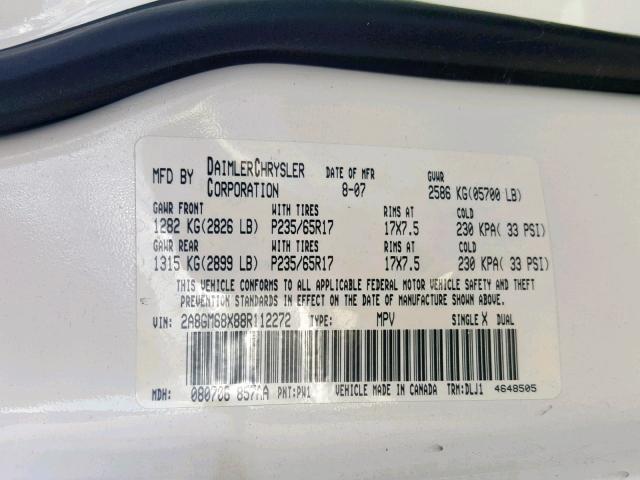 2A8GM68X88R112272 - 2008 CHRYSLER PACIFICA TOURING  photo 10