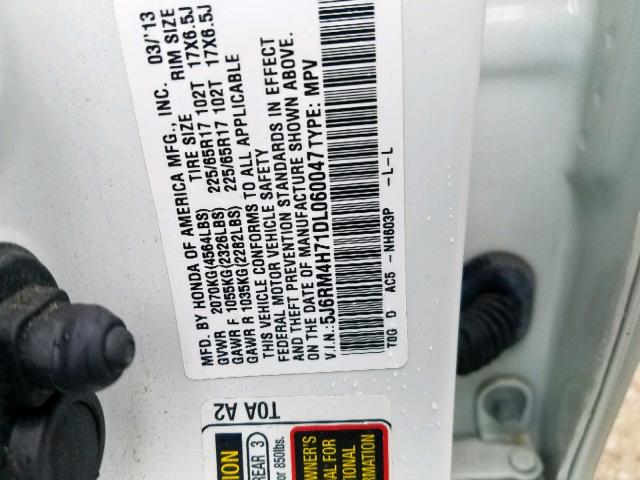 5J6RM4H71DL060047 - 2013 HONDA CR-V EXL WHITE photo 10