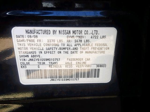 JNKCV61E69M010757 - 2009 INFINITI G37 BASE BLACK photo 10