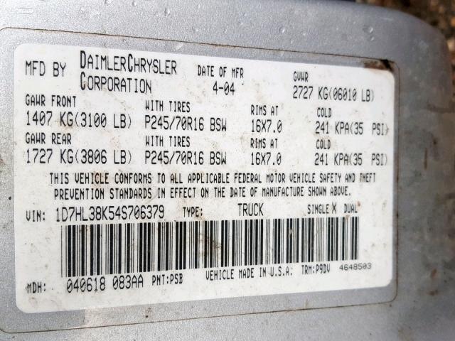 1D7HL38K54S706379 - 2004 DODGE DAKOTA QUA SILVER photo 10