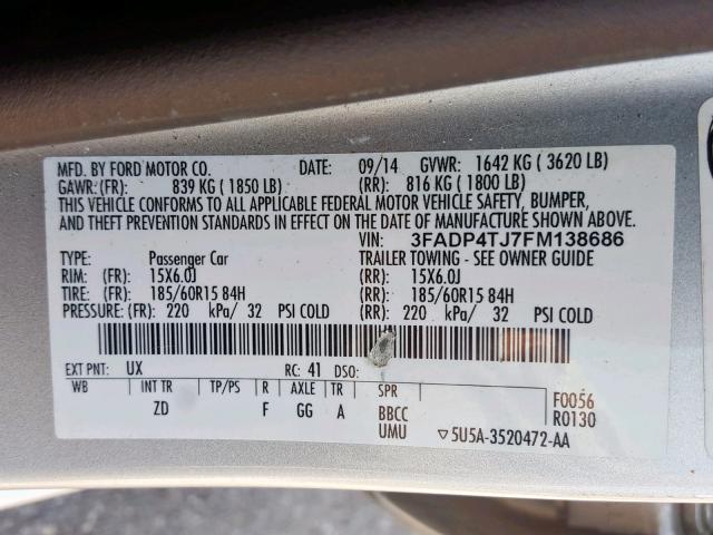 3FADP4TJ7FM138686 - 2015 FORD FIESTA S SILVER photo 10