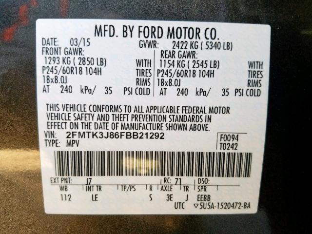 2FMTK3J86FBB21292 - 2015 FORD EDGE SEL CHARCOAL photo 10