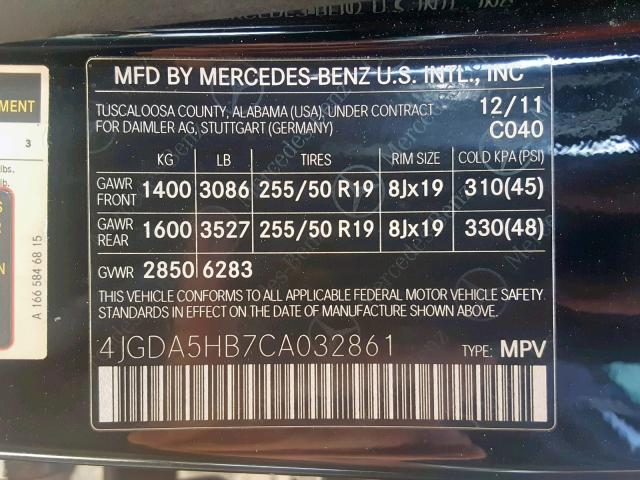 4JGDA5HB7CA032861 - 2012 MERCEDES-BENZ ML 350 4MA BLACK photo 10