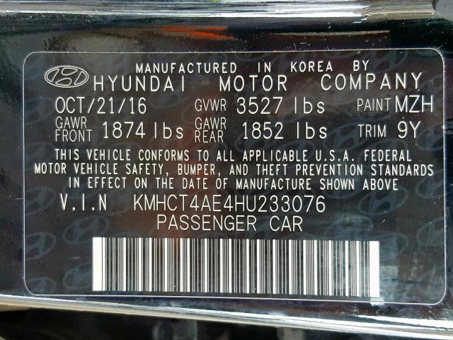 KMHCT4AE4HU233076 - 2017 HYUNDAI ACCENT SE BLACK photo 10