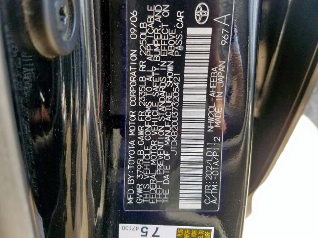 JTDKB20U373205421 - 2007 TOYOTA PRIUS BLACK photo 10