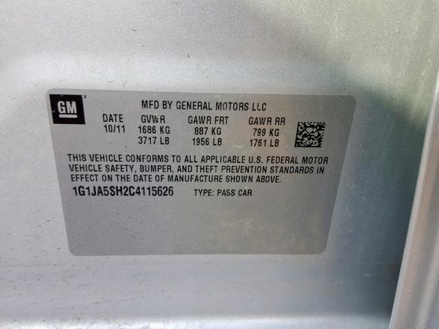 1G1JA5SH2C4115626 - 2012 CHEVROLET SONIC LS SILVER photo 10