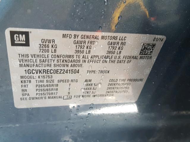 1GCVKREC0EZ241504 - 2014 CHEVROLET SILVERADO BLUE photo 10