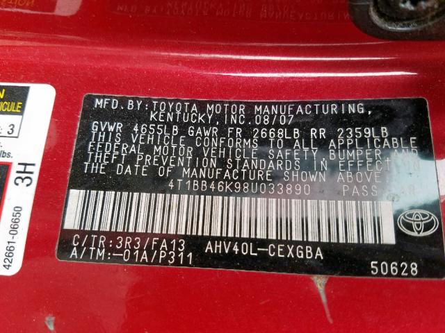 4T1BB46K98U033890 - 2008 TOYOTA CAMRY HYBR RED photo 10